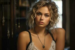 portrait of beautiful young woman with curly hair in lingerie stock photo generative ai