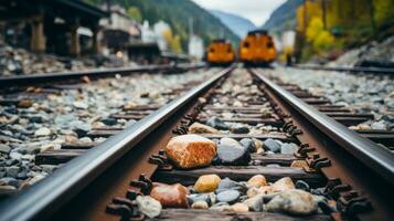 ferrocarril pistas en el montañas con rocas y grava generativo ai foto