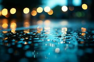 raindrops on a wet street at night with lights in the background generative ai photo