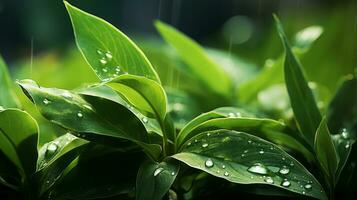 raindrops on green leaves with water droplets generative ai photo