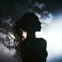 silhouette of a beautiful woman in a forest at night generative ai photo