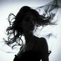 silueta de un hermosa mujer con su pelo soplo en el viento generativo ai foto
