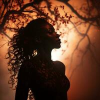 silhouette of a beautiful woman with long curly hair in front of a tree generative ai photo