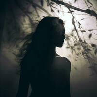 silhouette of a woman in the dark with trees in the background generative ai photo