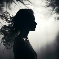 silhouette of a woman in the woods with her hair blowing in the wind generative ai photo