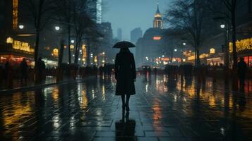 silhouette of a woman walking in the rain with an umbrella generative ai photo