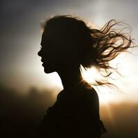 silhouette of a woman with her hair blowing in the wind generative ai photo