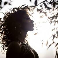 silhouette of a woman with curly hair in the sun generative ai photo