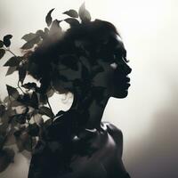 silhouette of a woman with leaves in her hair generative ai photo