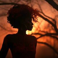 silhouette of a woman with red hair in front of a tree at sunset generative ai photo