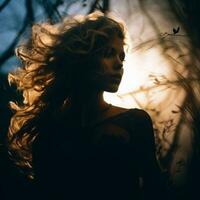 silhouette of a woman with long hair in the dark generative ai photo