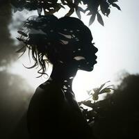 silueta de un mujer con hojas en su cara generativo ai foto