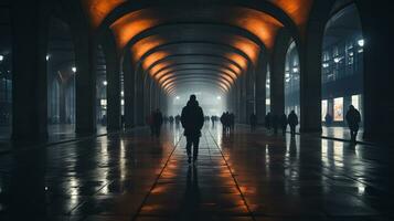 silhouette of people walking through a tunnel at night generative ai photo