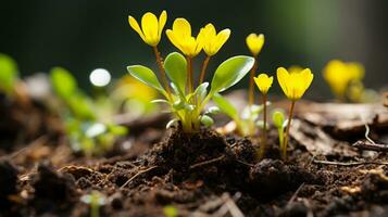 small yellow flowers sprout from the ground in the dirt generative ai photo