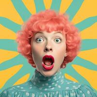 surprised woman with pink wig and blue polka dot dress on yellow background generative ai photo