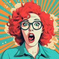 surprised woman with glasses and red hair in pop art style generative ai photo