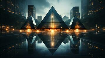 the city is lit up at night and there are three triangular shaped buildings in the background generative ai photo