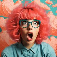 surprised woman with red hair and glasses in front of clouds generative ai photo