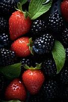 strawberries blackberries and raspberries on a dark surface generative ai photo