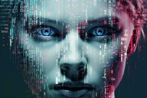 the face of a woman with blue eyes in front of a computer screen generative ai photo