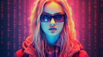 the girl in the red jacket and glasses is staring into the camera generative ai photo