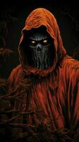 the grim reaper is wearing an orange hoodie and has glowing eyes generative ai photo