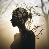 el silueta de un mujer con árbol ramas en su pelo generativo ai foto
