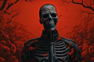 the skeleton is standing in front of a red background generative ai photo