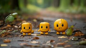 Tres amarillo sonriente caras en pie en el medio de un bosque generativo ai foto