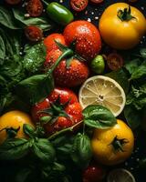 tomatoes basil and lemons on a black background generative ai photo