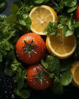 tomatoes lemons and spinach on a black background generative ai photo