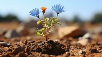 two blue flowers growing out of dirt in the middle of a field generative ai photo