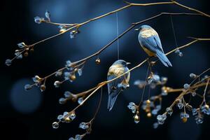 dos azul aves sentado en un rama en frente de un azul antecedentes generativo ai foto