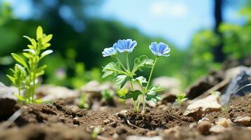 two blue flowers growing out of the ground in the middle of a field generative ai photo