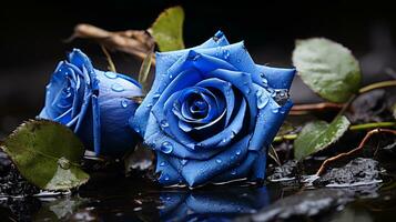 dos azul rosas con agua gotas en ellos generativo ai foto