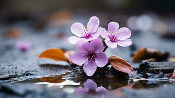 dos rosado flores son sentado en el suelo en un charco de agua generativo ai foto