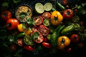 tomatoes peppers and other vegetables on a black background generative ai photo