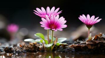 two pink flowers are growing out of the water generative ai photo