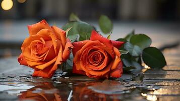 dos naranja rosas en el suelo generativo ai foto