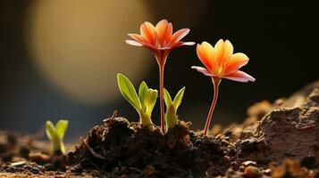 two orange flowers growing out of the ground generative ai photo