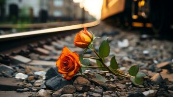 two orange roses are sitting on the ground next to a train track generative ai photo