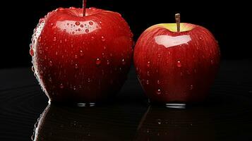 dos rojo manzanas con agua gotas en ellos generativo ai foto