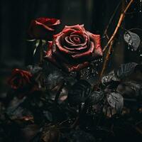dos rojo rosas en el lluvia en un oscuro antecedentes generativo ai foto