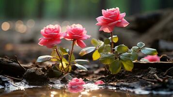 two pink roses are growing out of the mud generative ai photo