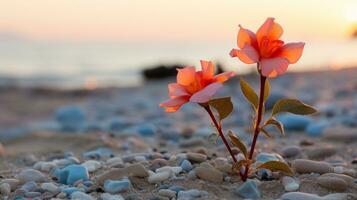 dos rosado flores creciente fuera de el arena en un playa generativo ai foto