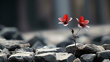 two red flowers growing out of rocks generative ai photo