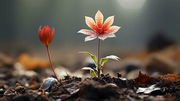 two red flowers growing out of the ground generative ai photo