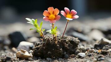 two small flowers growing out of a hole in the ground generative ai photo