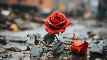 dos rojo rosas sentado en el suelo en un charco generativo ai foto