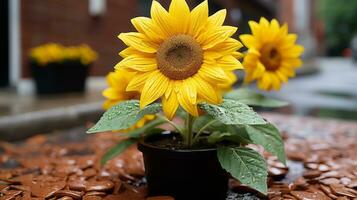 two sunflowers in a pot on the ground generative ai photo